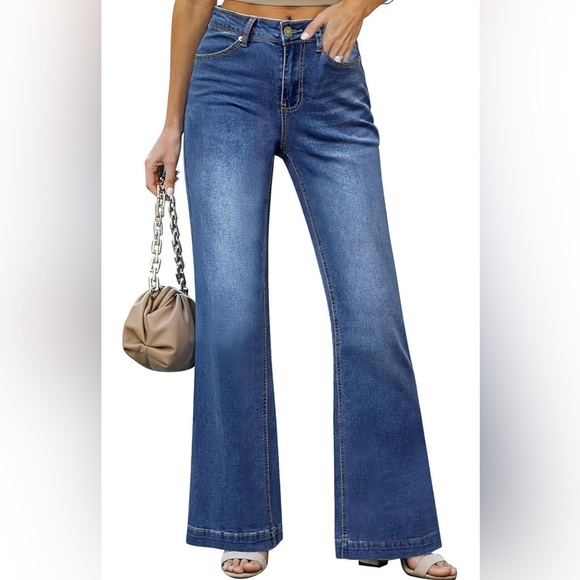 Wide Leg Jeans for Women Mid-Rise Stretchy - Picture 3 of 4